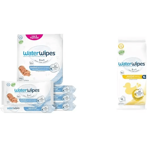 WaterWipes Bundle, Original 300 Count (5 packs) & XL Bathing Wipes 16 Count (1 pack), Plastic-Free, 99.9% Water Based Wipes, Unscented, Hypoallergenic for Sensitive Skin, Packaging May Vary