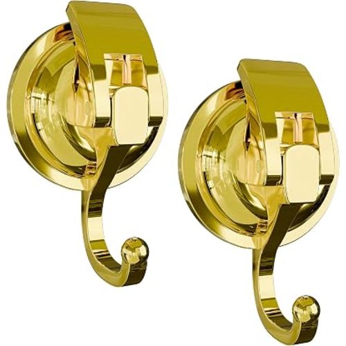 Heavy Duty Vacuum Suction Cup Hooks, Gold Plated Polished Super Suction for Kitchen Bathroom, 2 Pack