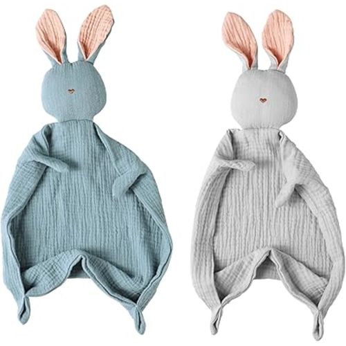 insular Bunny Lovey Blanket for Boys and Girls, Organic Cotton Muslin Security Blanket for Babies, Soft Breathable Lovie Soothing Towel for Newborn and Infant, Blue&Gray