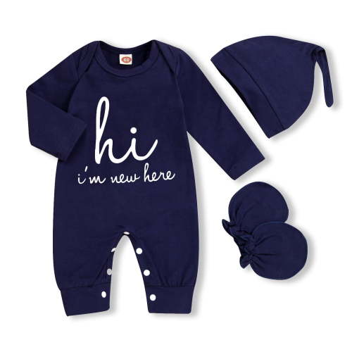 WISWELL Newborn Baby Boy Romper Coming Home Outfits Letter Print Bodysuit Jumpsuit+Hat+Gloves 3PCS Clothes Set (Navy Blue, 1-3 Months)