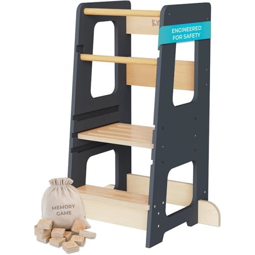 KYWAI® Toddler Kitchen Stool Helper, Adjustable Standing Tower with Safety Rails, Anti-Tip Design & Non-Slip Stickers, Sustainable Product with Extra Memory Game Made from Leftover Wood (Grey Blue)
