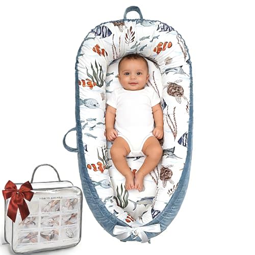 Infant Support Cushion - Breathable and Soft Organic 100% Cotton, Portable Tummy Time Mat with Removable Cover, Newborn Baby Essentials Gifts for 0-24 Months - Sea World