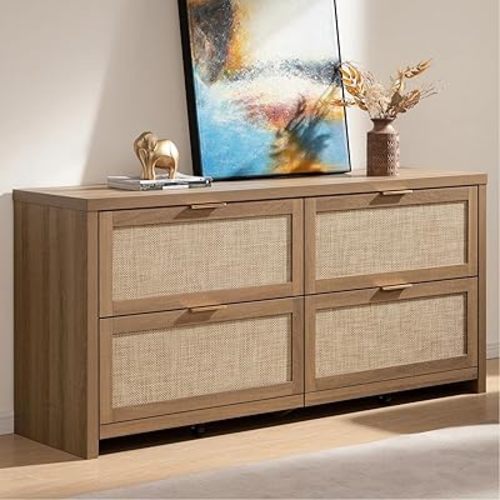 SICOTAS 60.8" Dresser for Bedroom, Rattan Boho Dresser with 4 Deep Drawers, Large Chest of Drawers for Closet,Nursery,Dressers TV Stand for Bedroom (Reclaimed Caramel Oak, 4 Drawers (1 pc))