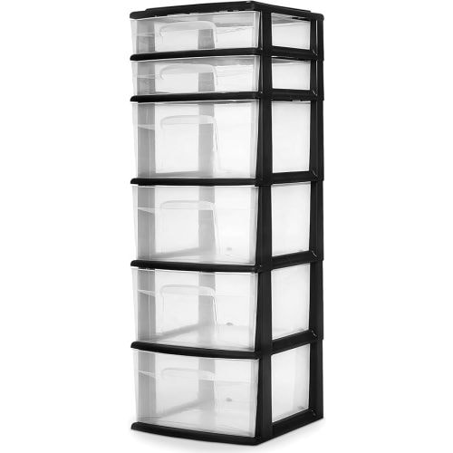 HOMZ Drawer Tower, 6-Tier Clear Plastic Storage Organizer Cart, Black Frame - Heavy-Duty Organizing Drawers for Home, Bedroom, and Closet Organization