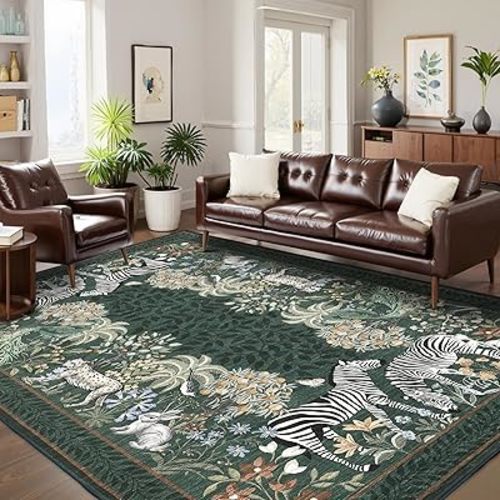 GarveeHome Zebra Green Washable Rugs 5x7 for Playroom Vintage Jungle Forest Safari Animal Print Rug Low Pile Botanical Kids Rugs for Living Room Bedroom Kitchen Nursery Room