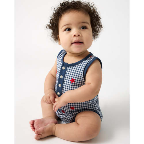 Blue Ribbon Gingham Henley Romper | Little Sleepies