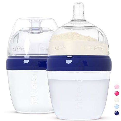 INTTERO Baby Bottles with Built-in Formula Dispenser, Anti-Colic Wide Neck Design for Newborn Feeding and Everyday Baby Essentials, 6 Oz Slow Flow (2 Pack), Modern Blue
