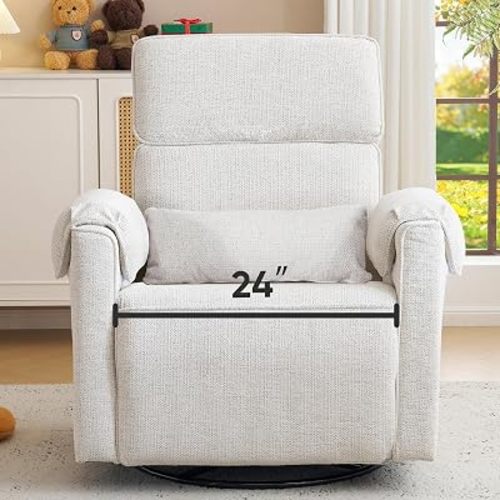 Oversized Power Recliner Chair, 24" Extra Wide Swivel Rocker Recliner with Adjustable Headrest, Chenille Glider Rocking Nursery Chair with Overstuffed Armrest, USB Ports, White