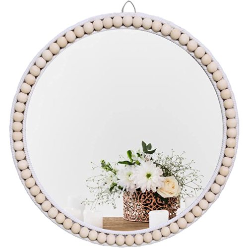 Takor 17 Inch Boho Wall Mounted Mirror, Circle Decorative Hanging Mirror,Round Mirrors with White Wooden Beads ,Wall Decor for Bathroom,Living Room,Bedroom,Nursery