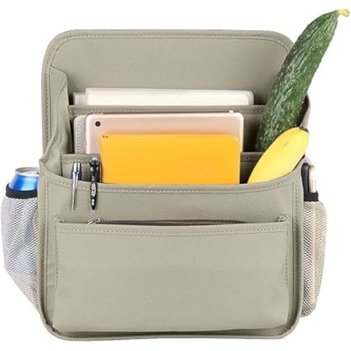 Front Seat Organizer Car Upholstery Leather Passenger Seat Storage Bag Large Durable Car Organizer with Adjustable Strap Multiple Compartments Mesh Bags Cup Holders (beige)