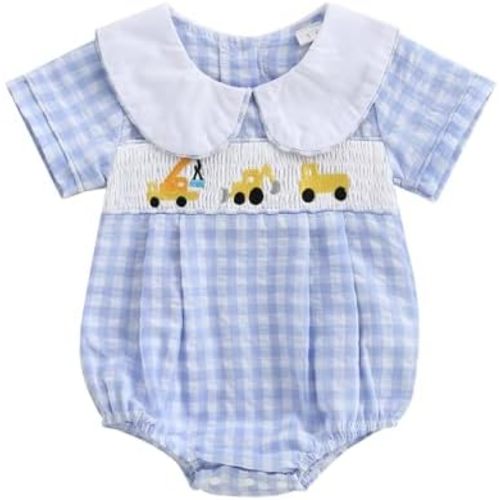 Newborn Boy Summer Outfit Truck Embroidery Doll Collar Plaid Short Sleeve Smocked Bubble Romper Infant Farm Clothes
