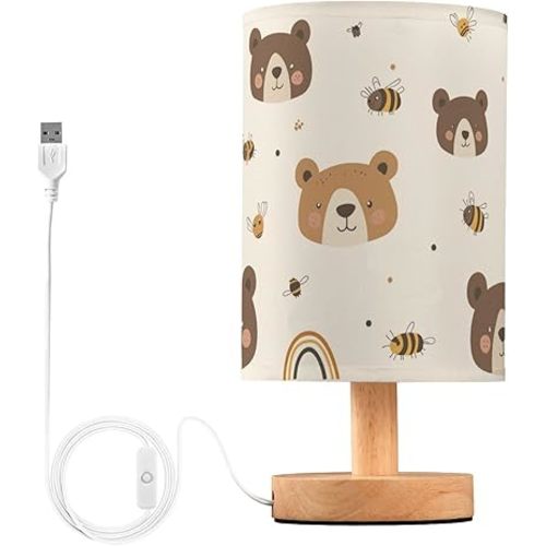 Table Lamp Cute Brown Bear Bee Nightstand lamp Fabric Lamps with Wood Base Fabric Shade Bedside Desk Lamps for Bedroom Living Kids Room Desk Nursery Office Home Decor