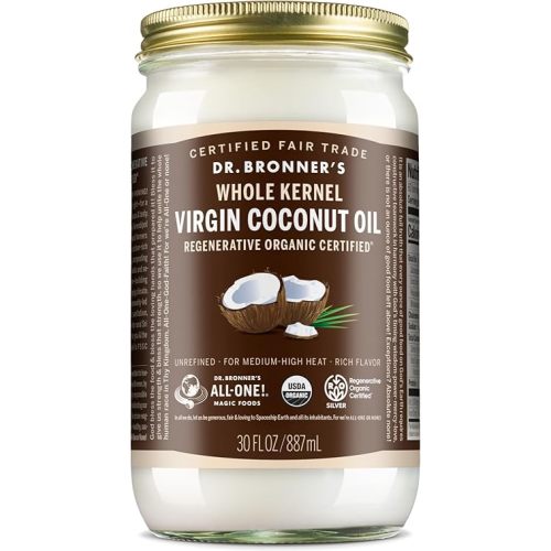 Dr. Bronner's - Organic Virgin Coconut Oil (Whole Kernel, 30 Ounce) - Coconut Oil for Cooking, Baking, Hair and Body, Unrefined and Fresh-Pressed, Rich and Nutty Flavor, Fair Trade, Vegan, Non-GMO