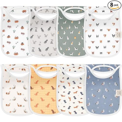 KeaBabies 8-Pack Bibs for Baby Boy, Girl - Pullover Large Baby Bibs for Drooling and Teething Infant, Newborn, Soft & Absorbent Organic Cotton, Long Torso Coverage Keep Toddler Clean &Dry(Pets & Paws)