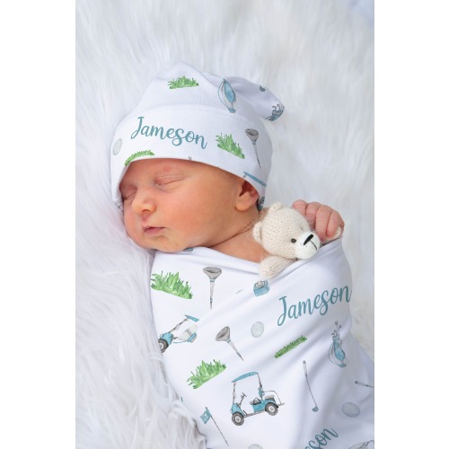 Golf Swaddle Set For Boy Personalized Golf Baby Blanket Gift Set Golf Nursery Decor Birth Announcement Photo Golf Baby Shower Gift | GCBlue