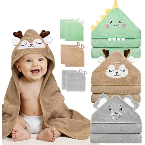 CandyHome 9 PCS Baby Bath Towels for Infants Toddlers, 3 PCS Animal Hooded Baby Towels & 6 PCS Washcloths Set, Ultra Absorbent Soft Cute Newborn Bath Essentials Gifts for Boys & Girls