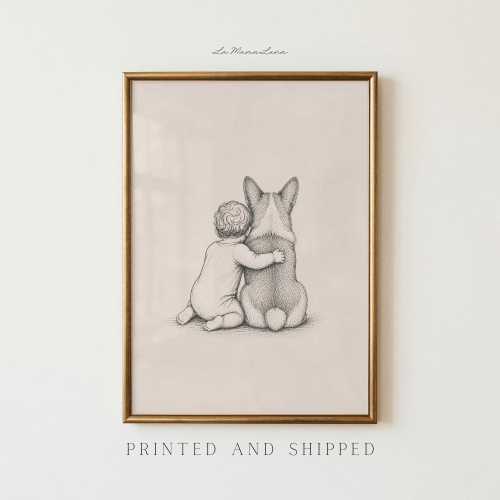 Baby and Corgi Vintage Nursery Print | Gender Neutral Dog Nursery Art, Baby Shower Gift, Nursery Decor