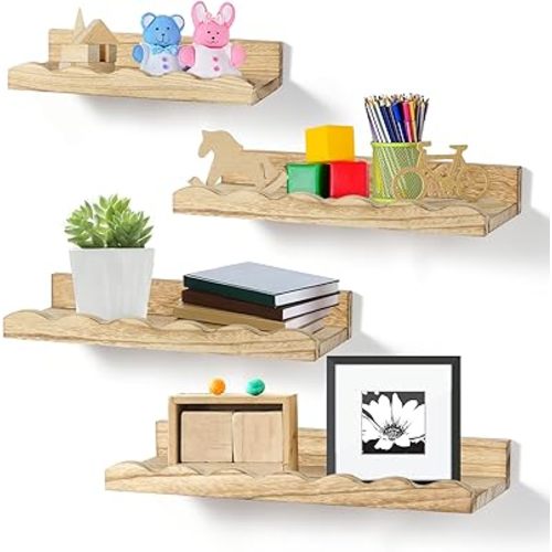 Suzile Set of 4 Floating Nursery Book Shelves for Wall Wood Floating Bookshelves Picture Small Ledge Shelf for Wall Boys Girls Teen Room Bathroom Bedroom Decor Storage