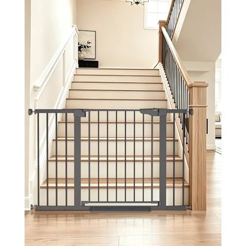 Cumbor 30-48 in Baby Gate for Stairs, Auto Close Dog Gate Indoor Cool Gray | Mom's Choice Awards Winner, Double Lock Safety for Doorways, One-Hand Open Child Gate for Toddlers & Pets, Pressure Mounted