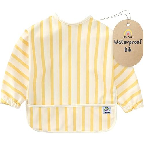 ARI MES Long Sleeves Waterproof Baby Bibs for Eating - Yellow Stripes, Large- Wearable, Coverall for Toddler, Long Sleeve Bib, Smock Apron for Feeding - Applicable for 6-72 Months