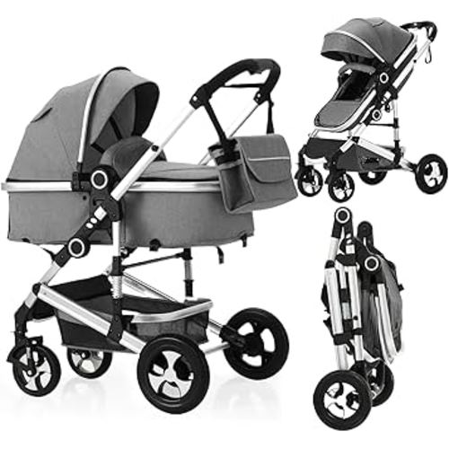 2 in 1 Baby Stroller, Convertible Pushchair Stroller w/Reversible Seat, Foldable Newborn Pram Carriage, Adjustable Canopy, Storage Basket, Diaper Bag & Cup Holder, 0-36 Months, Dark Grey