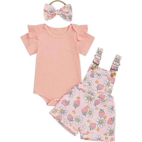 Newborn Baby Girl Summer Clothes Ruffle Ribbed Short Sleeve Romper Daisy Suspender Overall Shorts Cute Summer Outfit