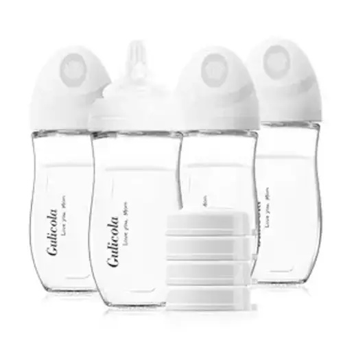 Gulicola Natural Glass Baby Bottle 8 oz for Breastfed Babies, Anti-Colic Baby Bottle Set with Medium Flow Nipple, 3 Months +, 4 Pack - White