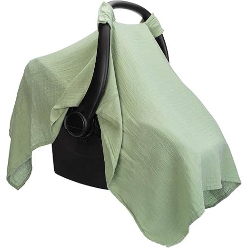 Comfy Cubs Baby Car Seat Cover - Soft, Breathable Bamboo Rayon and Muslin Cotton Blend - Lightweight Canopy for Sun, Bug, and Comfort Protection - Large Size Infant Seat Cover in Sage Design