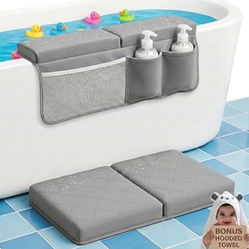 2inch XL Baby Bath Kneeler and Elbow Rest Pad Set + Hooded Towel - Embroidered Kneeling Pad for Bathing Baby - Dual-Layer Memory Foam Bathtub Kneeler and Elbow Rest Set