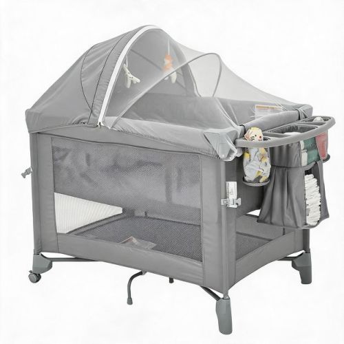 5 in 1 Baby Bassinet and Bedside Crib, Portable Pack and Play with Diaper Changer, Mattress, Toy Bar and Insect Net for Newborn to Toddler