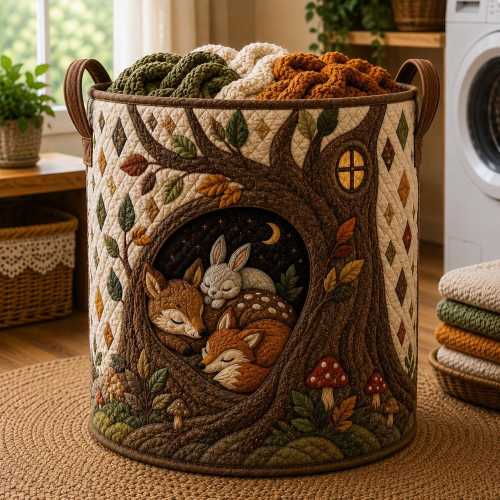 Woodland Fox Bunny Deer Quilted Laundry Basket, Sleeping Forest Friends Hamper,Tree Hollow Storage Bin, Cottagecore Nursery Decor  ARD-PFZ16