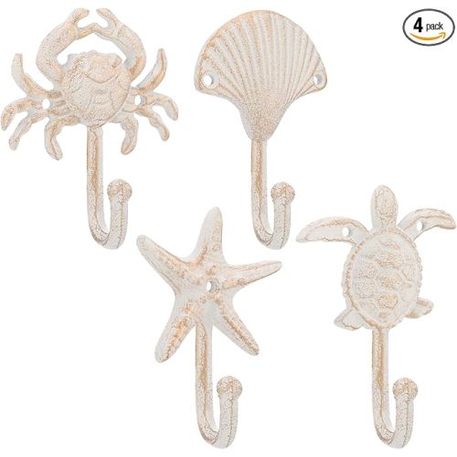 Sosation Set of 4 Ocean Cast Iron Wall Hooks Decorative Sea Life Turtle Starfish Seashell Crab Antique Towel Hooks for Aprons Hats Keys Bathroom Kitchen Pool Nautical Ocean Vintage Decor(Blue)