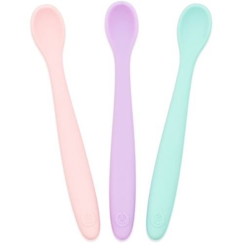 WeeSprout Silicone Baby Spoons, First Stage Infant Feeding Utensils With Soft-Tip - Set of 3 (Pastel Pink, Purple, Mint)