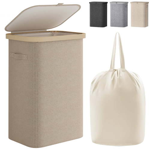 BGTREND Slim Laundry Hamper with Lid 85L Foldable Clothes Basket with Removable Mesh Bag & Plastic Handle for Closet Bathroom Bedroom (Beige)