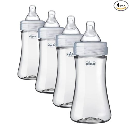 Chicco Duo 9oz. Hybrid Baby Bottle with Invinci-Glass Inside and Plastic Outside | Dishwasher, Bottle Warmer, and Electric Sterilizer Safe | Intui-Latch Nipple | Clear/Grey (Pack of 4)