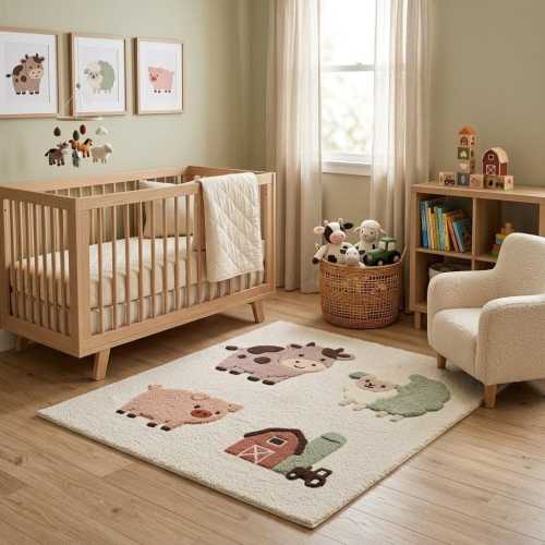 Farm Animal Rug, Handmade Tufted Wool Kids Rug, Farmhouse Nursery Decor, Barnyard Animal Area Carpet, Playroom Rug