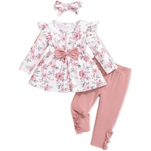 Toddler Baby Girl Clothes Infant Girl Outfits Fall Ruffle Floral T-Shirt Top Pants Set Winter Spring Clothes