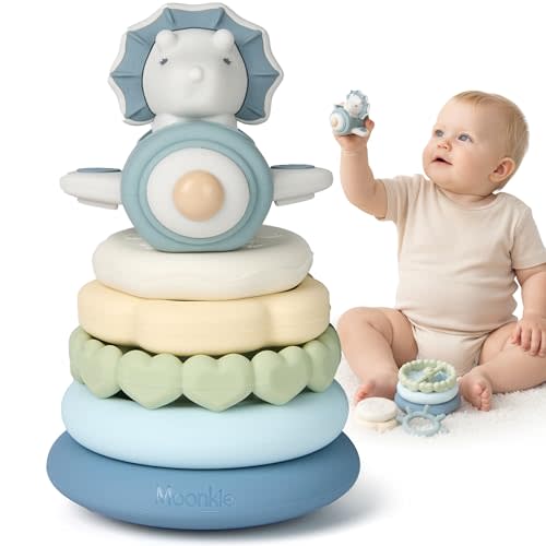 Moonkie Dinosaur Baby Stacking Toys | 7-Piece Silicone Rings for Teething Relief | Educational Toy for Infants & Toddlers 6 Months+ | Baby Boy Essentials