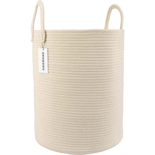 WarmHavenv Cotton Rope Laundry Basket Hamper for Clothes Woven Storage Basket for Living Room Bedroom Boho Tall Rope Baskets for Blanket Toys Pillow Towels Baby Nursery Hamper Bin beige