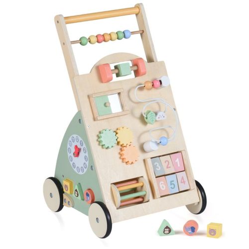 Costway Wooden Baby Walker Babies Push Walker with Wheels and Storage Basket
