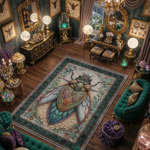 Cicada Area Rug, Goblincore Room Decor, Washable Insect Carpet, Art Nouveau Botanical Mat, Entomology Home Decor, Weirdcore Bug Accent