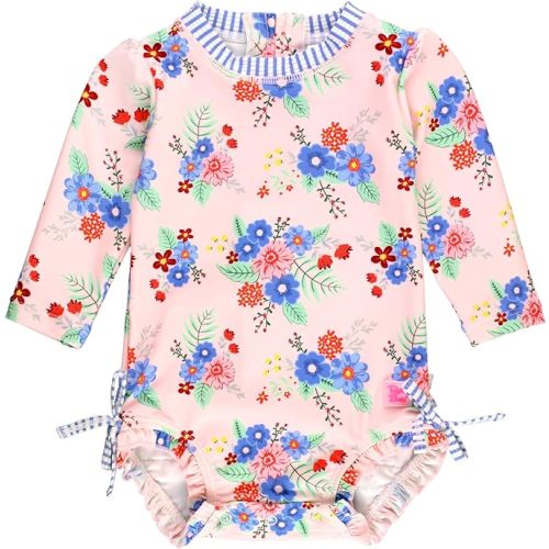 RuffleButts Baby Girls UPF 50+ Sun Protection Floral Printed Long Sleeve One Piece Rash Guard Swimsuit with Zipper