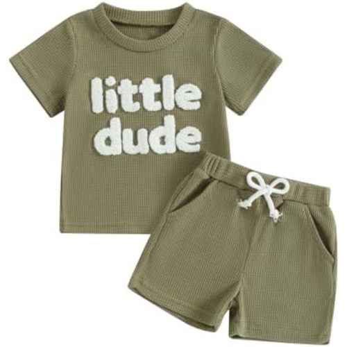 FOCUSNORM Toddler Baby Boy Summer Clothes Embroidered Waffle Short Sleeve T-Shirts Elastic Shorts Newborn Infant Boy Outfits