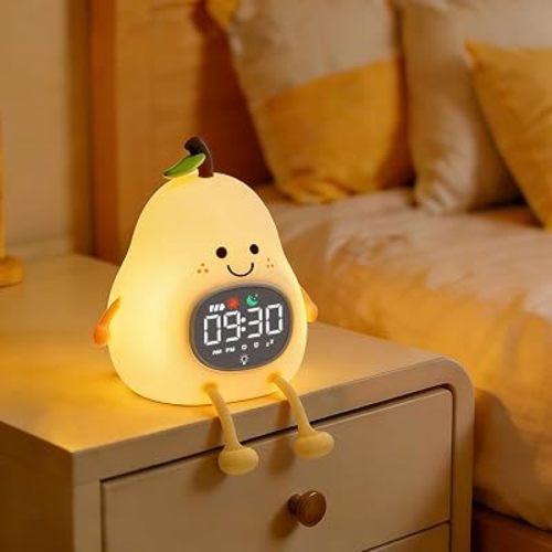 Pear Alarm Clock with Night Light for Kids with Sleep Training Light and White Noise, Rechargeable Silicone Lamp OK to Wake Clock,Cute Tabletop Clock, Perfect Sleep Companion for Boys Girls