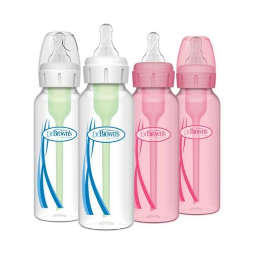 Dr. Brown's 8oz Anti-Colic Options+ Narrow Baby Bottle with Level 1 Slow Flow Nipple - 4pk - 0m+ - Pink & Clear