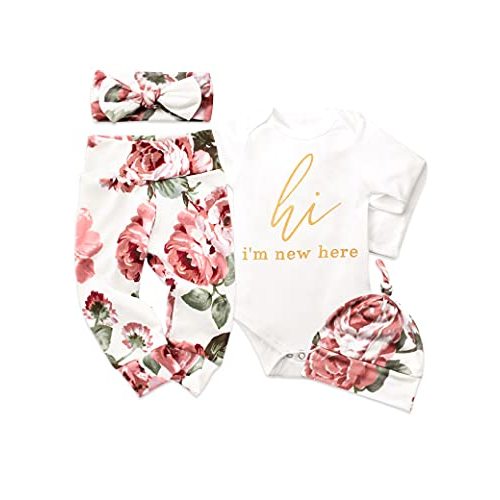 KANGKANG Newborn Baby Girl Clothes Hi I'm New Here Newborn Outfit Infant Romper Floral Pants Cute Baby Girl Outfits 4PC Set