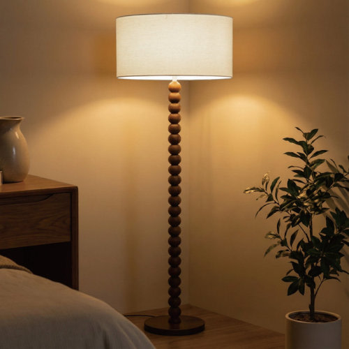 East Urban Home 61" Retro Walnut Rubberwood Floor Lamp With Sculptural Stacked Sphere Base And Linen Drum Shade For Living Room & Reviews | Wayfair