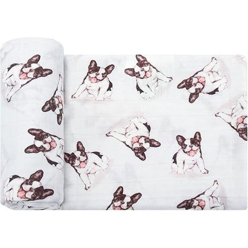 LifeTree Baby Swaddle Blankets Dog, Muslin Swaddle Blankets Boys Girls Swaddling Wrap Receiving Blanket for Newborn, 70% Viscose from Bamboo and 30% Cotton, Large 47" x 47", French Bulldog