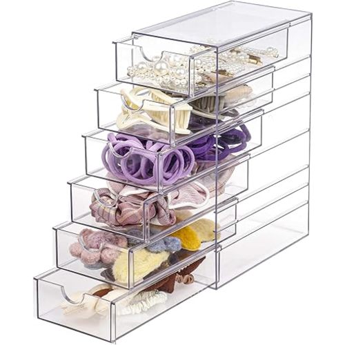 FABROK Clear Hair Accessory Organizer Box with 6 Drawers, Compact Storage Organization Drawers Set for Cosmetics, Glasses, Stationery, Stackable Storage Containers Box for Bathroom, Closet, Office