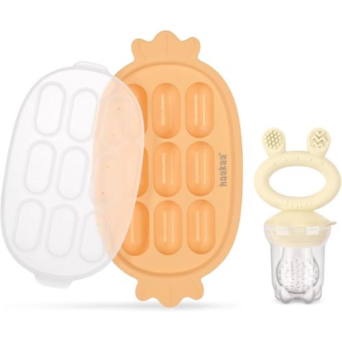 Haakaa Baby Fruit Food Feeder & Silicone Freezer Nibble Tray Combo - Breastmilk Popsicle Mold for Baby Cooling Relief, BPA Free Baby Mesh Food Feeder for Infant Self Feeding - Marigold